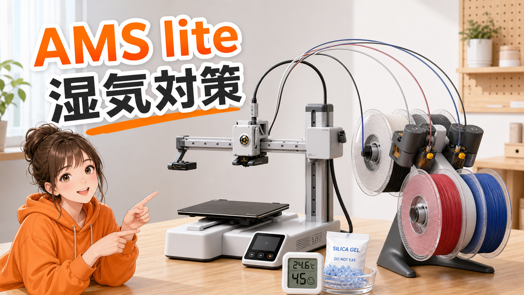 A1 miniとAMS liteの横に温湿度計とシリカゲルを置いた湿気対策のアイキャッチ