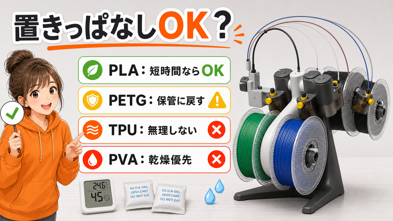 AMS liteにフィラメントを置きっぱなしにしてよいかをPLA PETG TPU PVA別に整理した判断画像